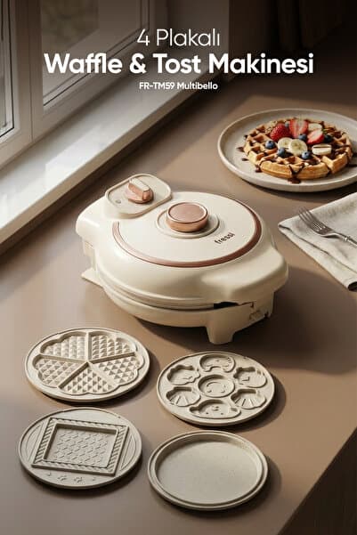Fressi Tost Ve Waffle Makinesi | Çıkarabilir Yapışmaz Plakalı | 4 Ayrı Plaka | FR-TM59 Multibello Krem