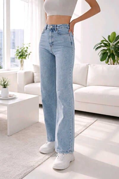 Julia 90's Kar Yıkama Mavi Likralı Süper Yüksek Bel Salaş Jeans Palazzo Pantolon