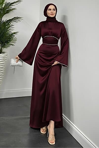 Aysan Moda Vlasi Kolu Ve Beli Taşlı Saten Abiye Siyah