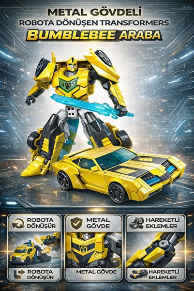 TRENDZONE Oyuncak Metal Gövdeli Robota Dönüşen Transformers Bumblebee Araba 20 cm