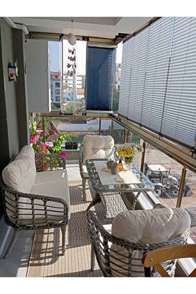 Tu Tienda KARTEPE GALVANİZ BORU 2 1 1 SEHPA(60*90) RATTAN BAHÇE BALKON TAKIMI,KAHVE RATTAN/KREM KUMAŞ