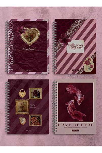 Miona A5 Spiralli Okul Defteri 60 Yaprak 4’lü Set Bordo Temalı 2 Çizgili - 2 Kareli Defter , Notebook