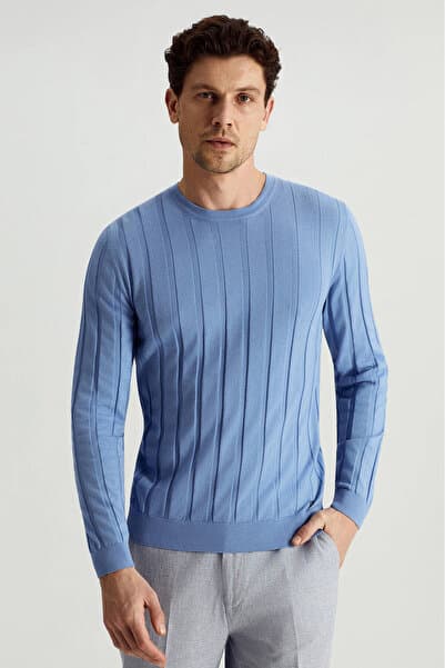 Hemington Extrafine Merino Yün-Pamuk Karışım Desenli Mavi Triko