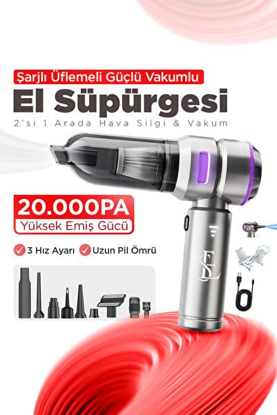 El Süpürgesi 20.000 PA Üflemeli Güçlü Vakumlu Ev Ofis Araç 7 Parça Şarjlı Çok Fonksiyonlu