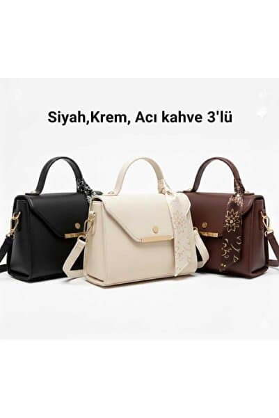METEBAGS Siyah,Krem,Acı kahve 3'lü Paket Suni Deri Fular Detaylı Omuz& El Çantası
