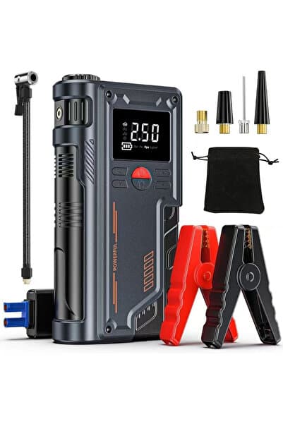 Süper 4'lü Şarjlı Akü Ateşleyici Lastik şişirici Powebank Led ışık 150Psi Yüksek basınçlı Gri