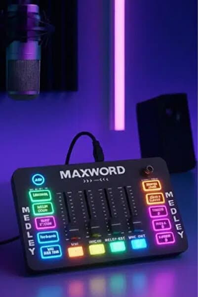 Maxword MEDLEY Gaming Canlı Yayın Stüdyo Kayıt RGB Ses Kartı DJ Mixer (Telefon PC Uyumlu)