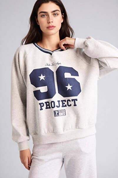 Defacto Oversıze V Yaka Gri Kadın Sweatshirt G9597AX/GR256