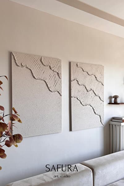 Safura Art Studio Dokulu Tablo – El Yapımı 3 Boyutlu Alçı Minimalist Doku, Modern İskandinav Kabartmalı (Dalga No:2)