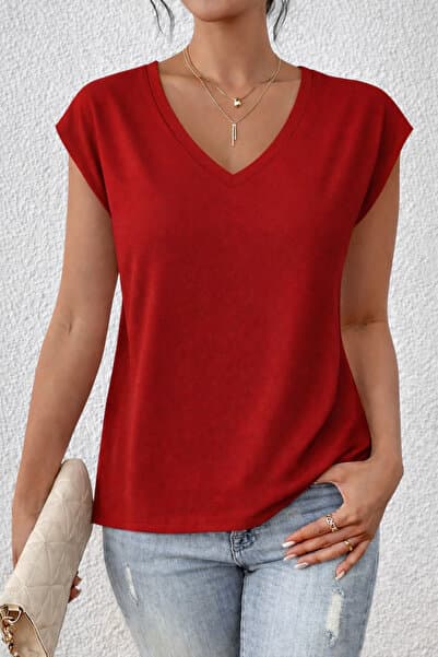 Deocept Kadın V-Yaka Basic Baskısız Rahat Kalıp T-Shirt