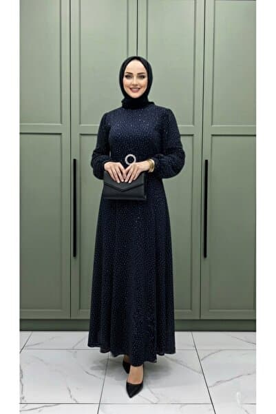 Genel Markalar SULTAN ABİYE Simli ve Taşlı Kumaş Kadın Lacivert Kemer Detaylı Düğünlük Abiye Elbise
