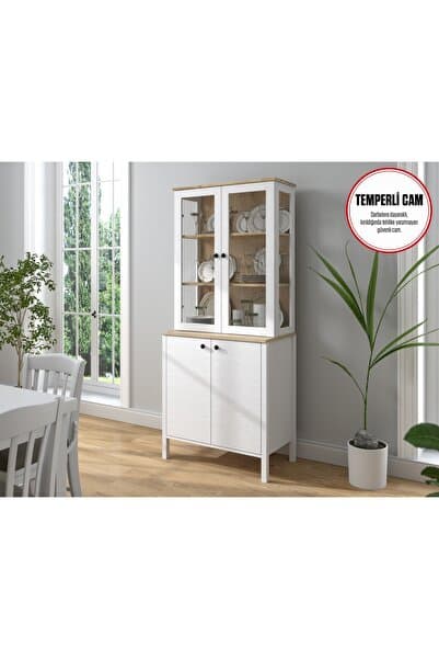 Hunerika Darel Cam kapaklı vitrin/büfe/konsol-wood beyaz/safir meşe