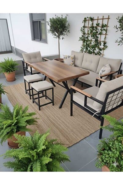 Pimango Pi Elize 3+1+1 80x120 cm 2 adet Tekli Puflu Bahçe Mobilyası Balkon Mobilyası Krem Renk