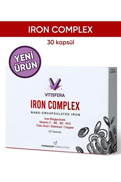 Iron Complex 30 Kapsül-Demir (Bisglisinat), Vitamin C,Folik asit,B2-B6-B12,Selenyum,Bakır