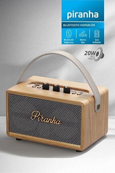 Piranha 7850-T Retro Bluetooth Hoparlör 20W RMS | Taşınabilir Kablosuz Speaker | Type-C Şarj | USB/TF Destek