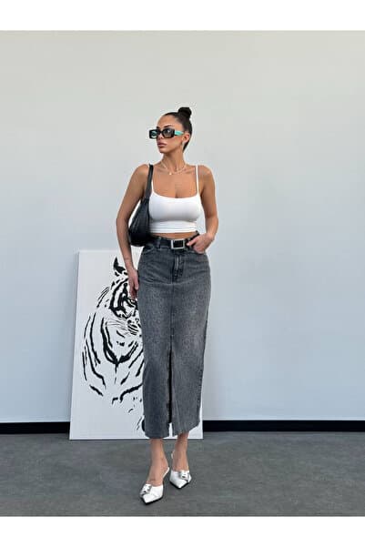 HerTon Kadın Yüksek Bel Yırtmaçlı Uzun Kot Etek – %100 Pamuk Füme Denim