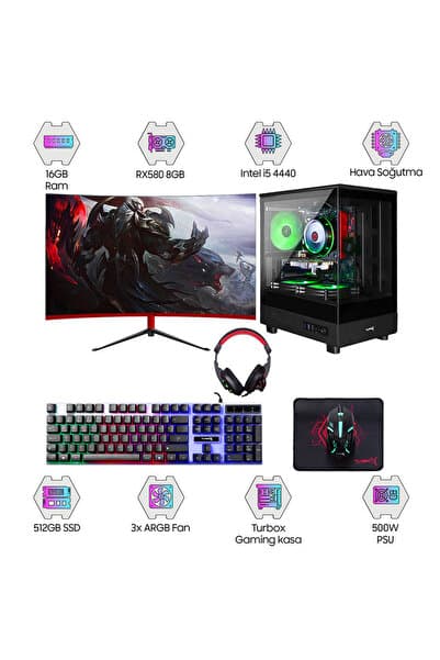 TURBOX Tx6008 i5 4440 16GB Ram 512GB SSD 8GB RX580 23.6 Curved 100Hz Masaüstü Oyun Bilgisayarı