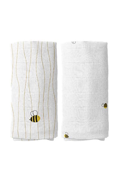 Casadora Baby Happy Bee Nakışlı %100 Organik Pamuk Müslin 2'li Örtü Seti 90 x 90 cm