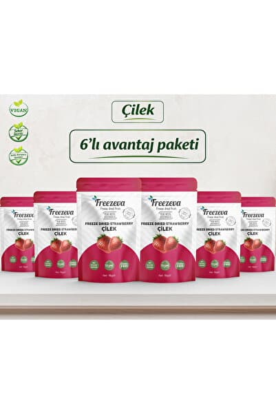 Freezeva 6'lı Paket Dondurularak Kurutulmuş Dilim Çilek (Freeze Dried Çilek) Freeze Dry Çilek Kurusu 6x15 gr