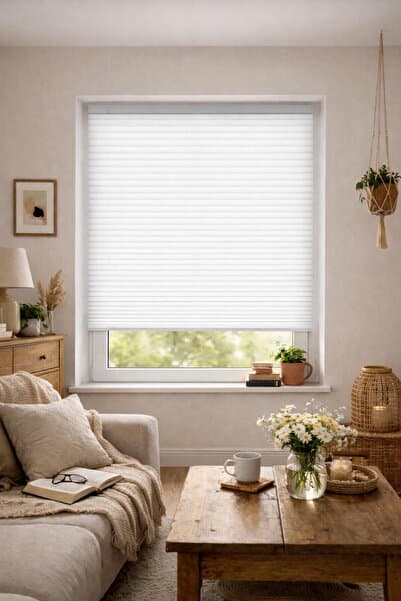 Beyaz Plise Katlanır Cam Balkon Perdesi - Ofis Perdesi - Ev Perdesi - Salon Perdesi - Plise Perde