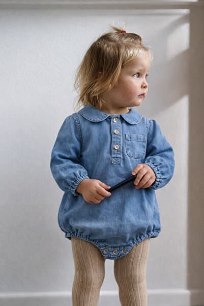 Dadamama Bebek-Çocuk Mavi Kot Denim Düğmeli Bodysuit Zıbın + Bez Çanta !
