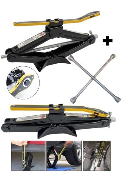 MOONSHOP Oto Krikosu 1.5 Ton Makas Cırcırlı Araç Kriko + Bijon Anahtarı -cırcır Ve Bijon Anahtarı Set Çelik.