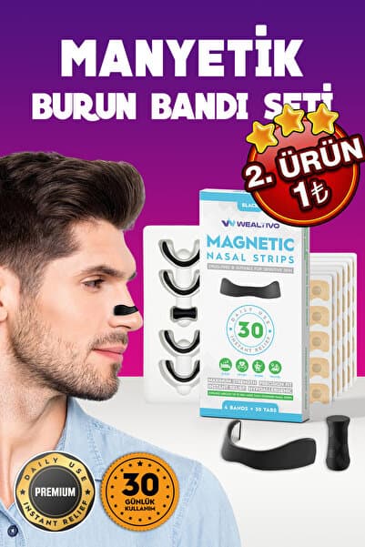 Wealtivo Manyetik Burun Bandı Seti Premium 30'lu, Horlama Azaltıcı Mıknatıslı Siyah Dilatörü Aparatı