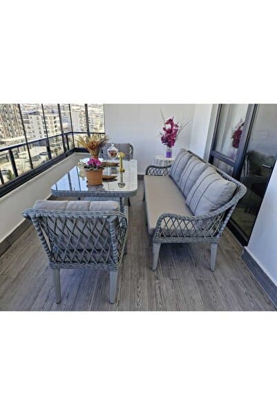 Tu Tienda KAŞ ALÜMİNYUM 3+1+1+MASA RATTAN BAHÇE BALKON MOBİLYASI,RATTAN GRİ/KUMAŞ GRİ