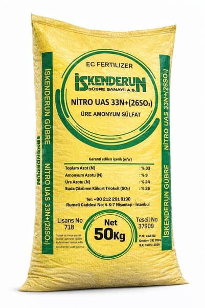 İSKENDERUN GÜBRE Üre + Amonyum Sülfat %33 Azot %26 Suda Çözünür Kükürt Trioksit GÜBRESİ 5 KG