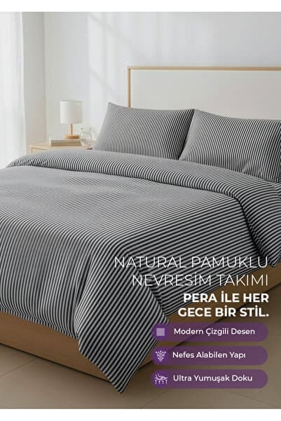 Days In Colours Çift Kişilik %100 Pamuk Çizgili Nevresim Takımı - Siyah - Pera Serisi
