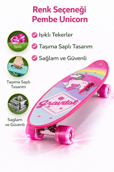 Janissary Unicorn Desenli Işıklı Tekerlekli Çocuk Kaykay – Taşıma Saplı, Skateboard