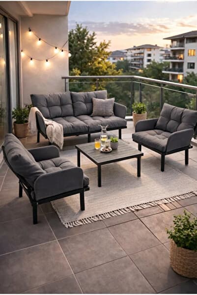 eportatif Bahçe Takımı Balkon ve Cafe Modüler Metal Koltuk Takımı 2+1+1 Sehpalı