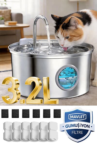 3.2L Paslanmaz Çelik Otomatik Evcil Hayvan Su Sebili + 6 Filtre Seti (USB Girişli, Adaptör İçermez)