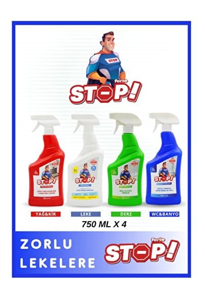 STOP Forte Zorlu Leke Seti 4 x 750 MLLeke, Derz,Yağ,Kir,Tuvalet,Banyo Temizleyici