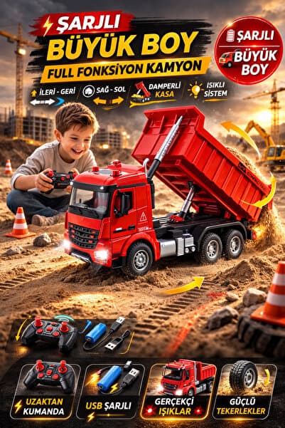 TOYFEST Şarjlı Büyük Boy RC Damperli İnşaat Kamyonu Uzaktan Kumandalı Işıklı Full Fonksiyon