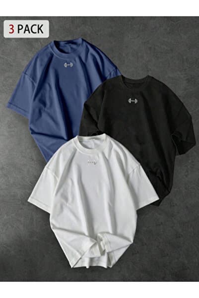 Revasser Unisex Kadın/Erkek DUMB 3' lü Set Özel Baskılı Oversize Penye Bisiklet Yaka T-Shirt