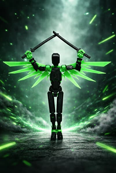 JOY 3D Robot Dummy Kanatlı Oynar Eklemli Hareketli Oyuncak Aksiyon Figürüi 3D 13 cm Siyah Neon Yeşil
