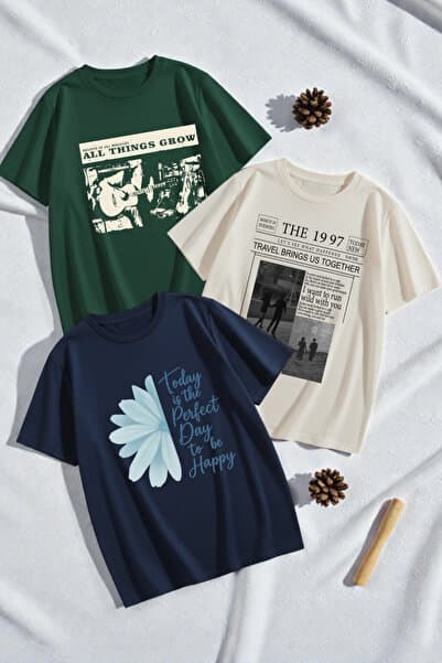 uyguntarz Unisex Karışık Baskılı Tişört Seti – 3’lü Paket Bisiklet Yaka Günlük T-Shirt