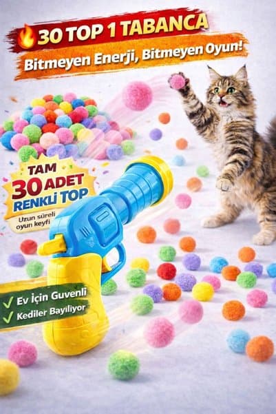 HAYHAYPETSHOP İnteraktif Kedi Köpek Oyuncağı Peluş Top Fırlatan Oyun Tabanca Oyuncak 30 Toplu