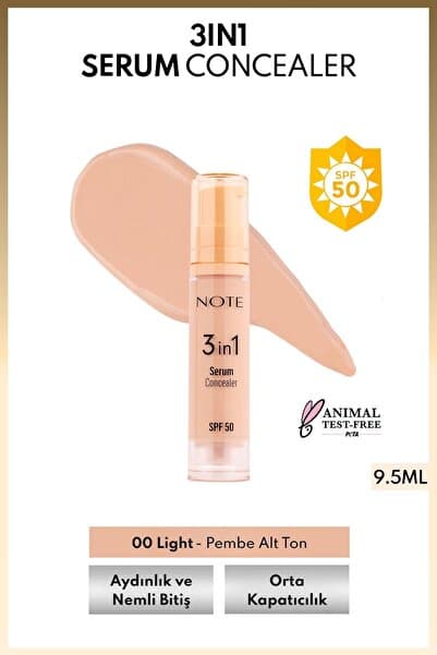 Note Cosmetics 3 in 1 Serum Concealer SPF 50 Nemlendirici ve Aydınlatıcı Göz Altı Kapatıcısı - 00 Light