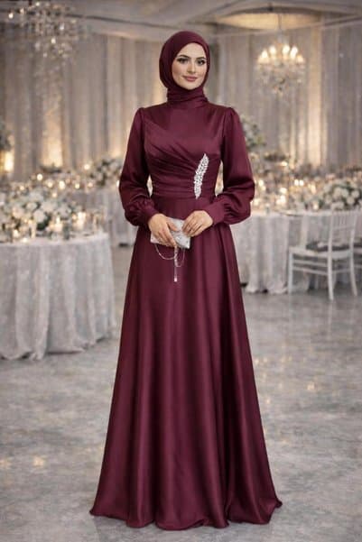 TRENDTESETTÜR KADIN BORDO TAŞ İŞLEMELİ SATEN ABİYE T 1626