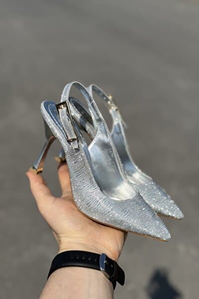 topuksarayı Tao gümüş simli sivri burun slingback ince topuk kadın abiye ayakkabı