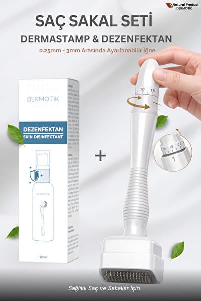Ayarlanabilir Dermastamp Titanyum Uçlu 0.25-3mm & Dezenfektan Seti –Cilt ve Saç Sakal Bakım Aleti