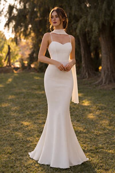 Elorya Bloom Şal Detaylı Askılı Skuba Nikah Dış Çekim ve Söz Elbisesi Kırık Beyaz Nivora