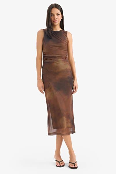 Defacto Bodycon Vücudu Saran Bisiklet Yaka Desenli Tül Kolsuz Midi Elbise E7402AX25AU