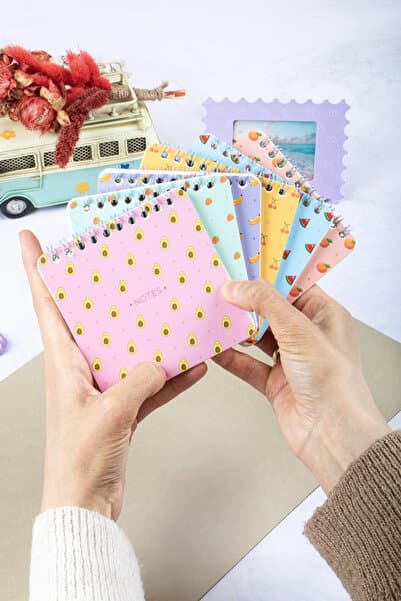 DİVAL 10x10 cm 6'lı Karton Kapaklı Spiralli Cep Defteri Bloknot Not Defteri - Meyve Desenli