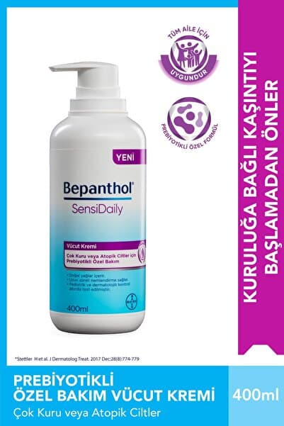 Bepanthol SensiDaily Vücut Kremi 400 ml Çok Kuru veya Atopik Ciltler İçin Prebiyotikli Özel Formül