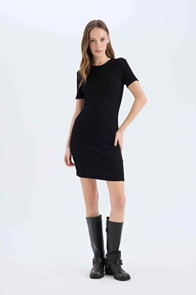 Defacto Bodycon Vücudu Saran Bisiklet Yaka Fitilli Kaşkorse Kısa Kollu Mini Elbise E7231AX25SP