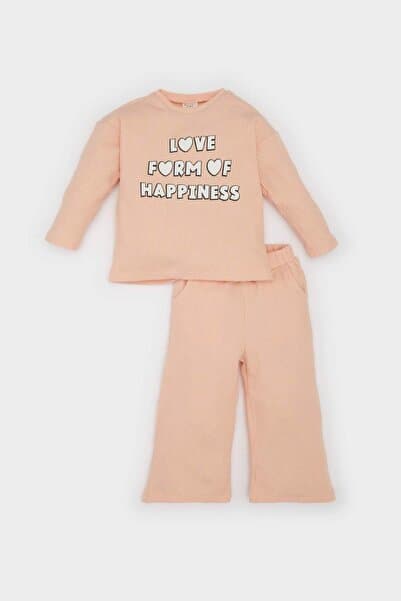 Defacto 2'li Takım Waffle Baskılı Sweatshirt Beli Lastikli Eşofman Altı Kız Bebek E0202A525SP