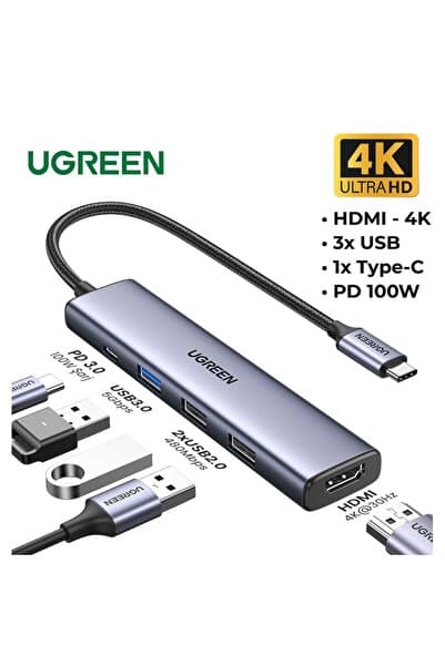 Ugreen Revedok 5-in-1 Type-C Giriş 3xUSB-A, 1xUSB-C PD 100W, 1x 4K/30Hz HDMI - Gri